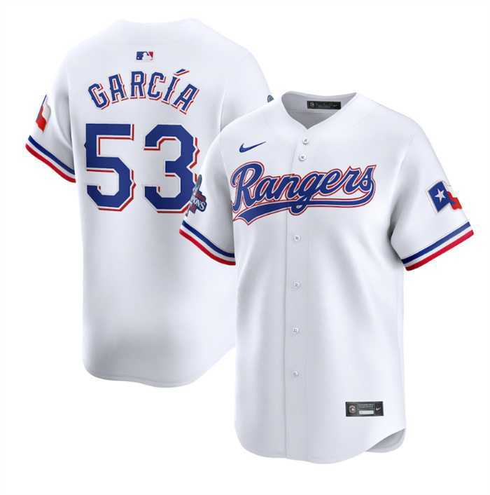 Mens Texas Rangers #53 Adolis Garcia White 2023 World Series Champions Stitched Baseball Jersey Dzhi